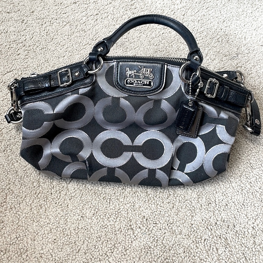 Coach black and gray shoulder bag with silver and black leather detailed trim